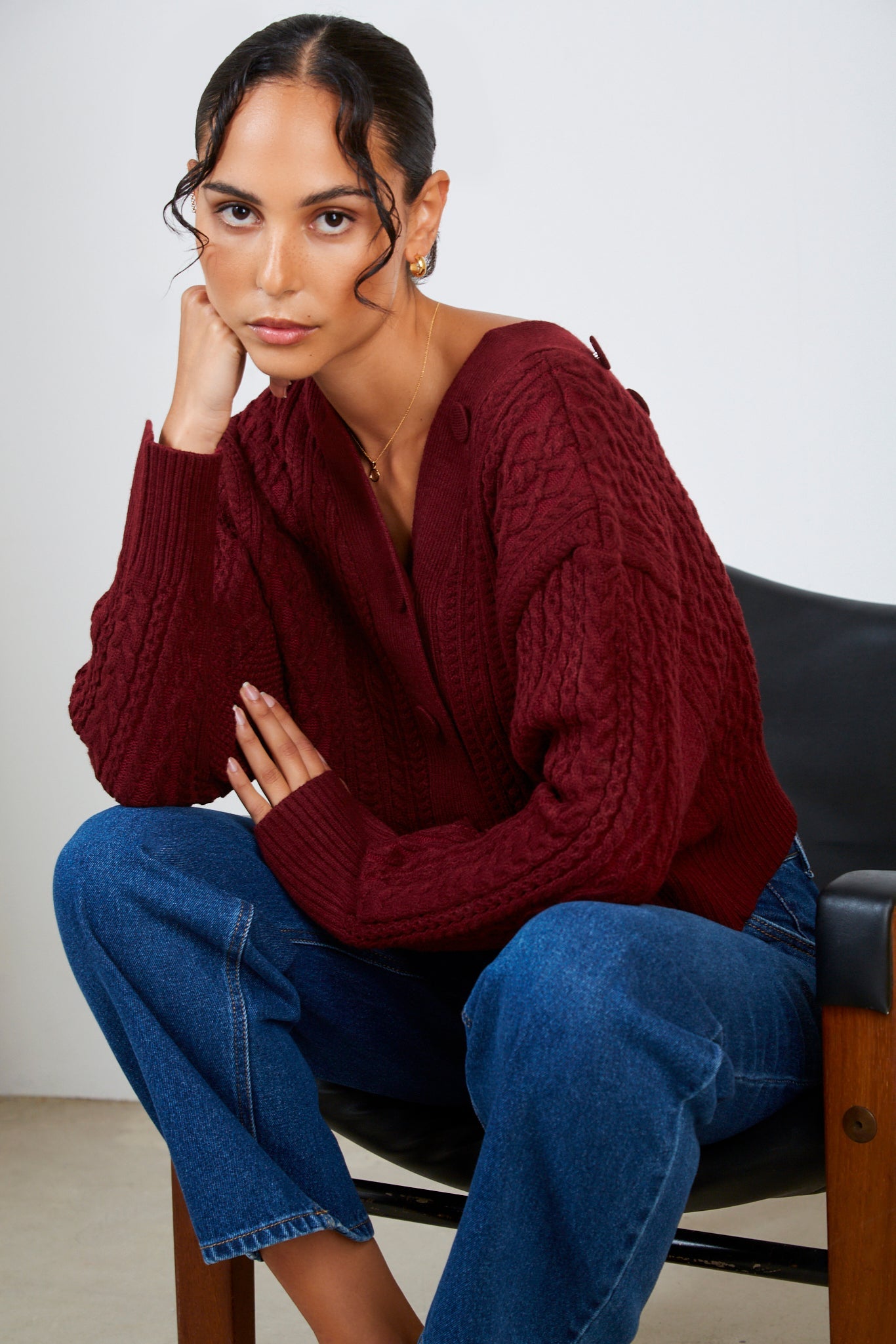 Burgundy chunky cableknit cardigan