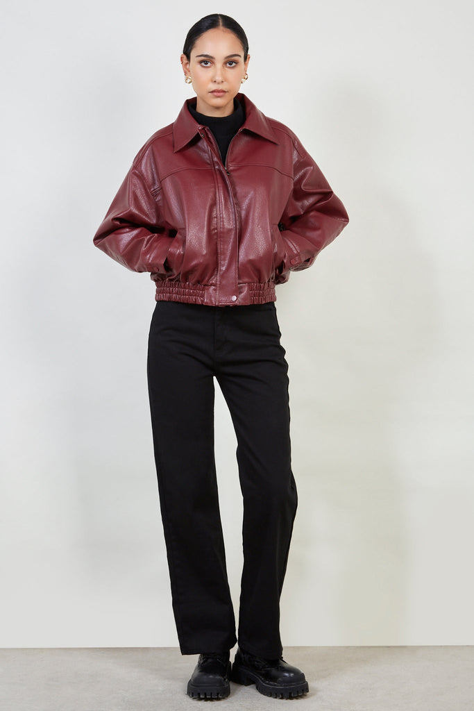 Burgundy vegan leather short jacket_2