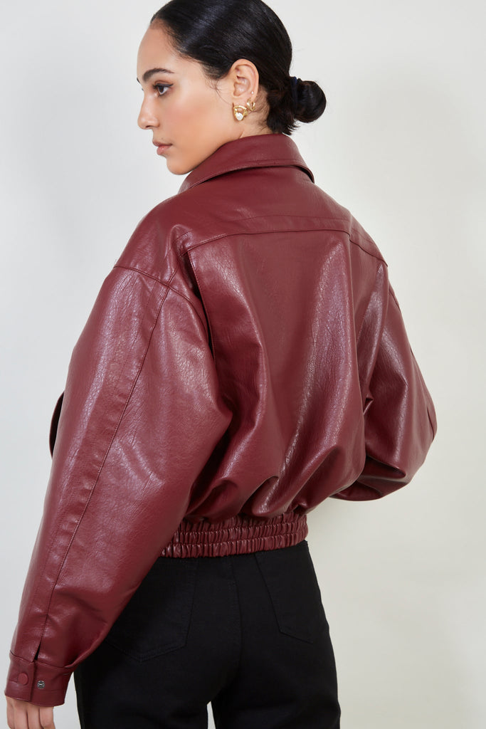 Burgundy vegan leather short jacket_3