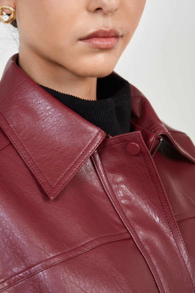 Burgundy vegan leather short jacket_4