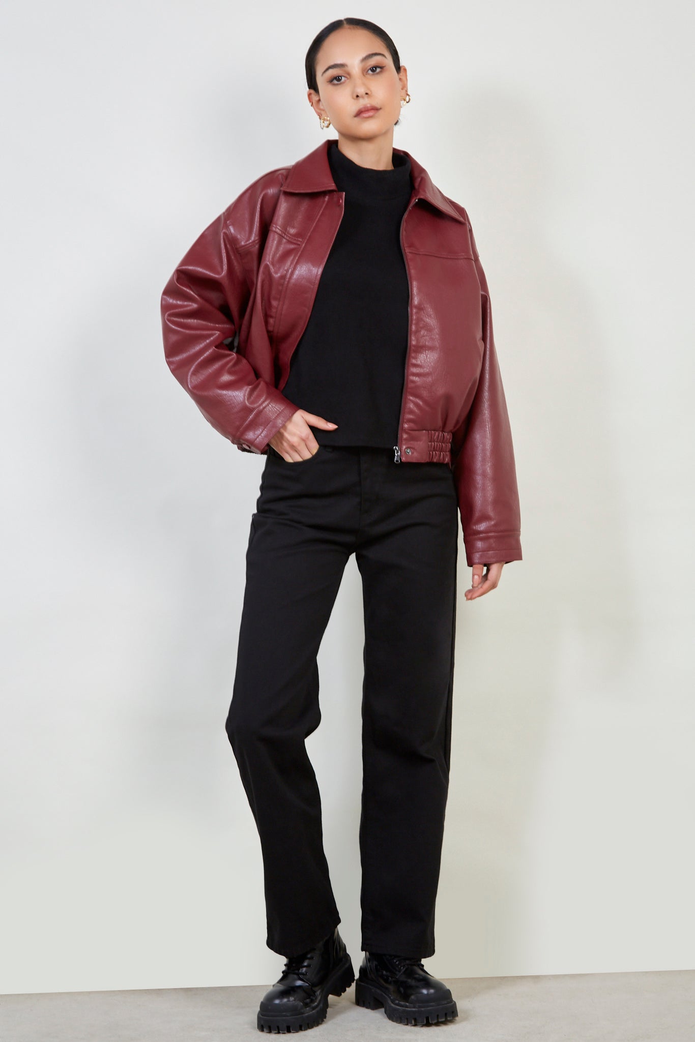 Burgundy vegan leather short jacket