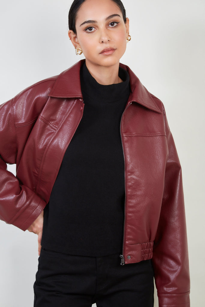 Burgundy vegan leather short jacket_1