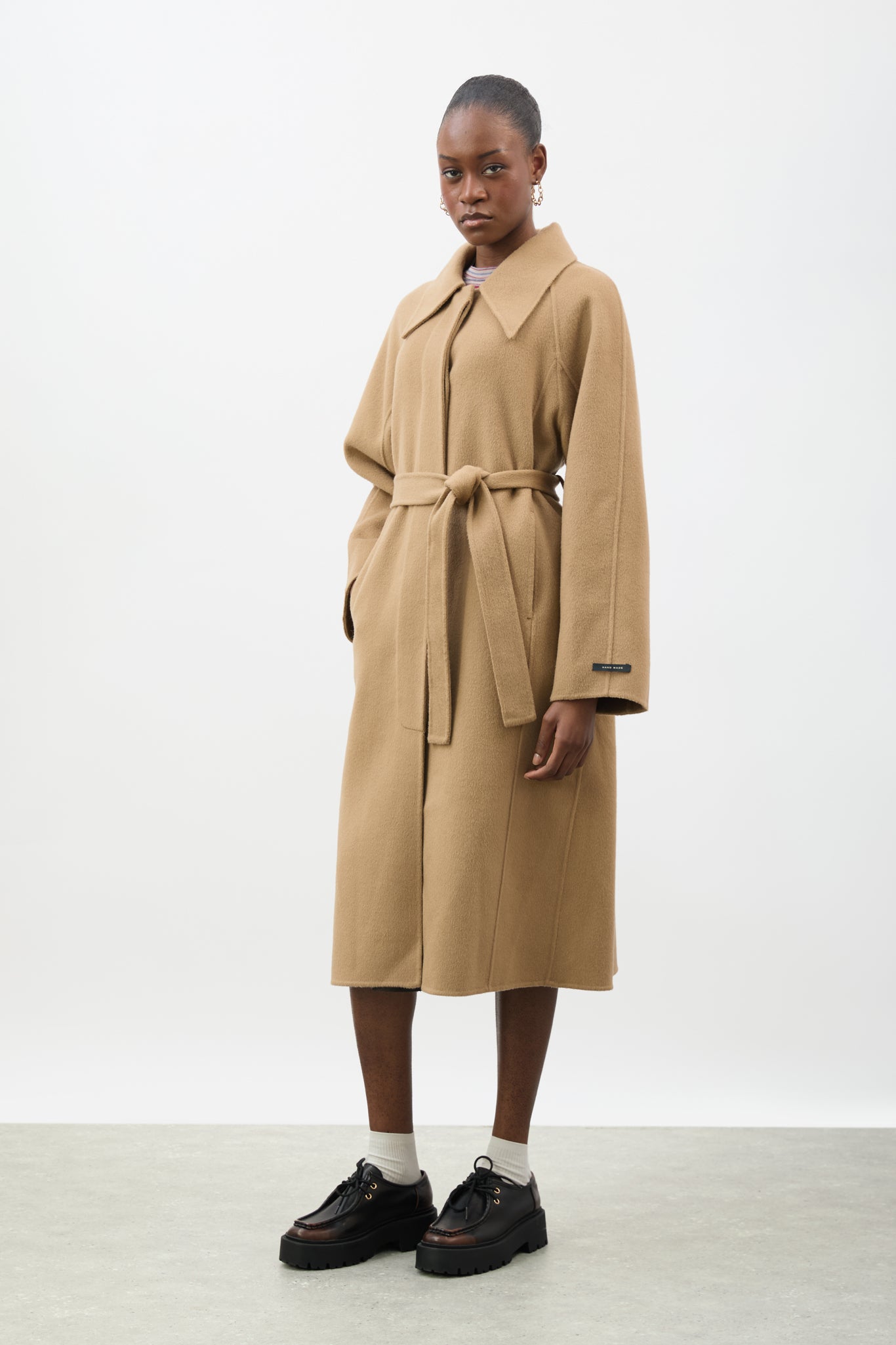 Camel pure wool large collar belted coat_1