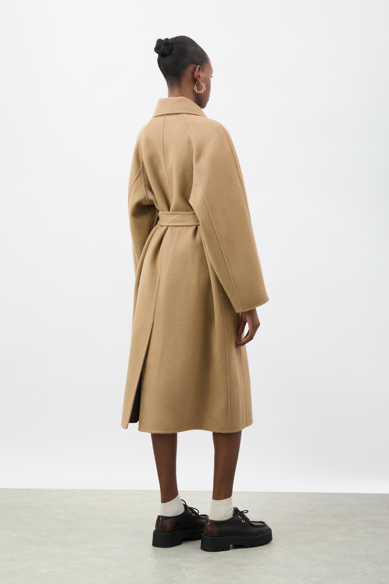 Camel pure wool large collar belted coat_3