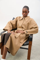 Camel pure wool large collar belted coat_5