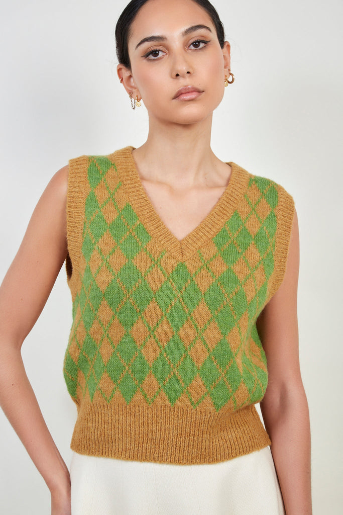Camel and green argyle wool blend sweater vest_1
