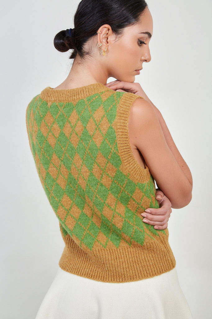 Camel and green argyle wool blend sweater vest_3