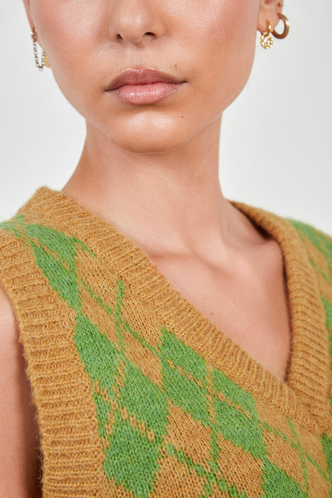 Camel and green argyle wool blend sweater vest_4