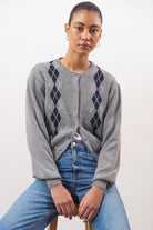 Charcoal grey argyle round neck cashmere wool blend cardigan_5