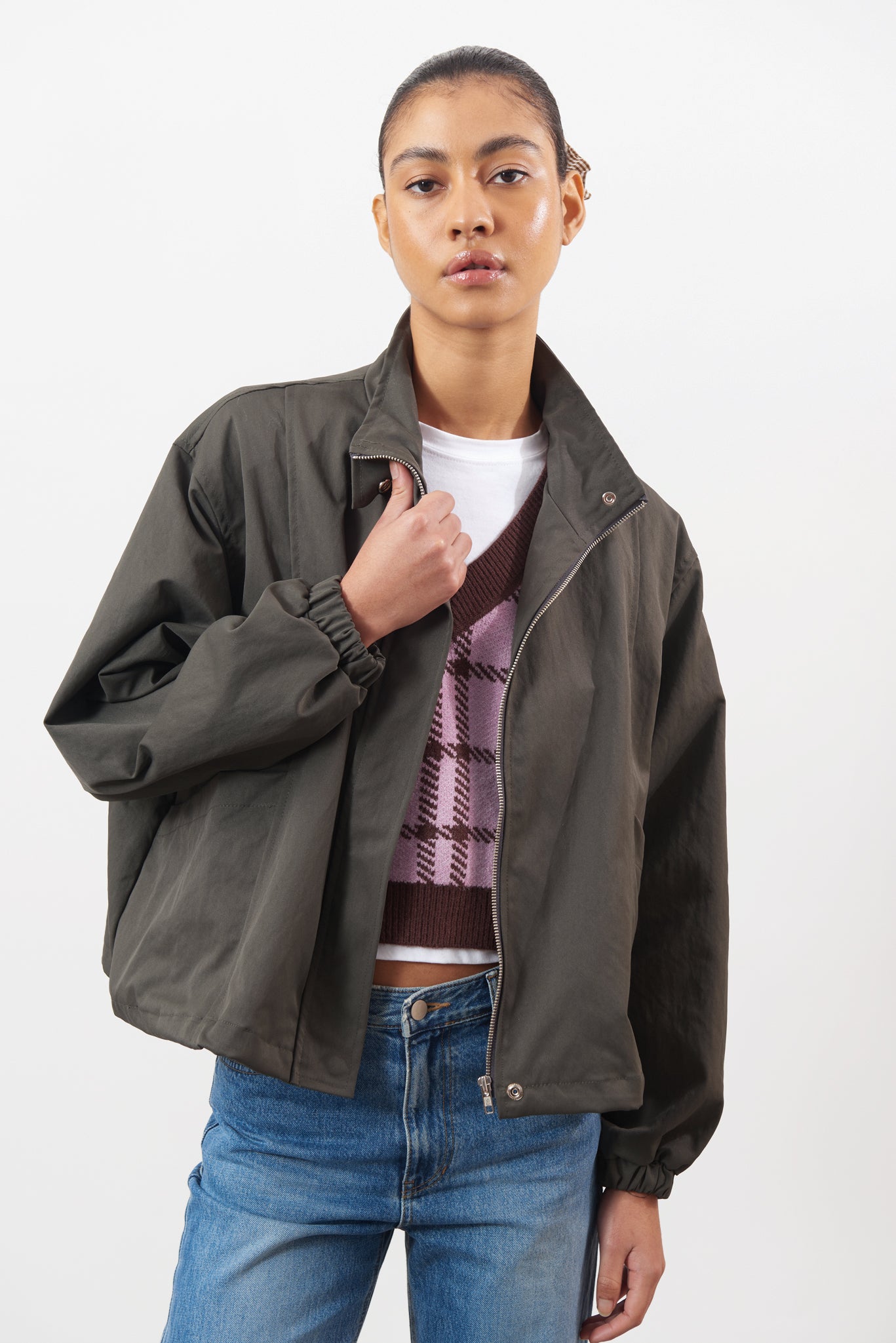 Charcoal grey diagonal pocket bomber jacket_1