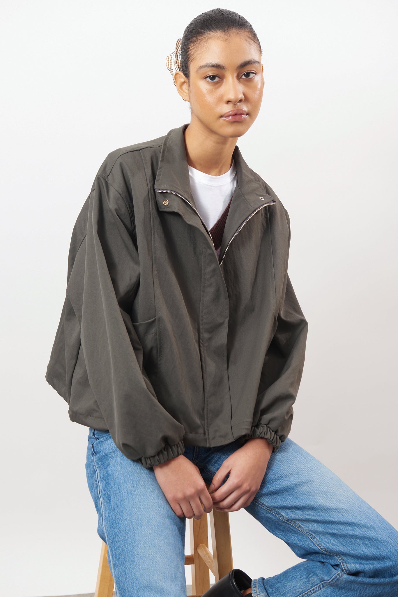 Charcoal grey diagonal pocket bomber jacket_7