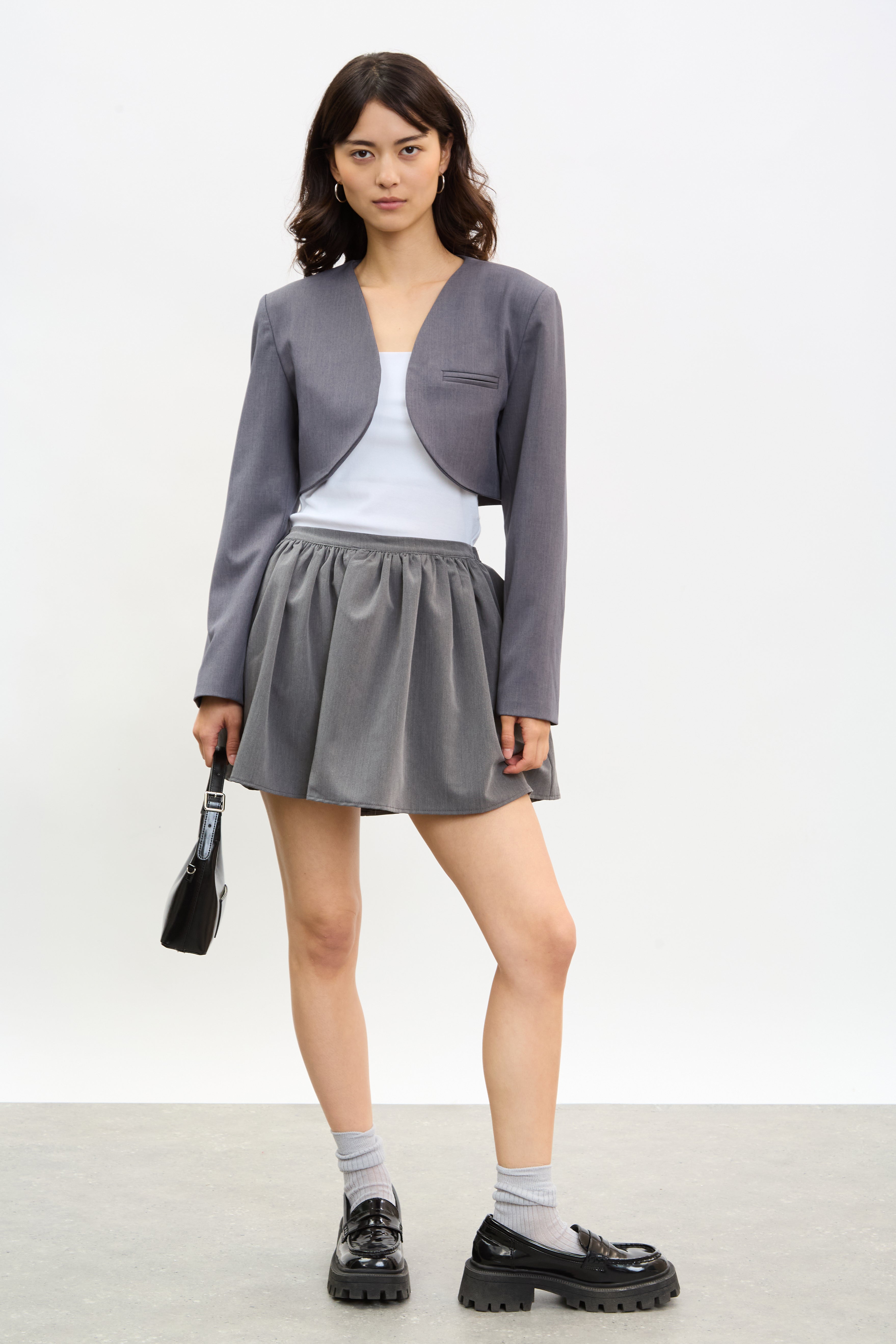 Charcoal grey rounded bolero blazer | Glassworks London