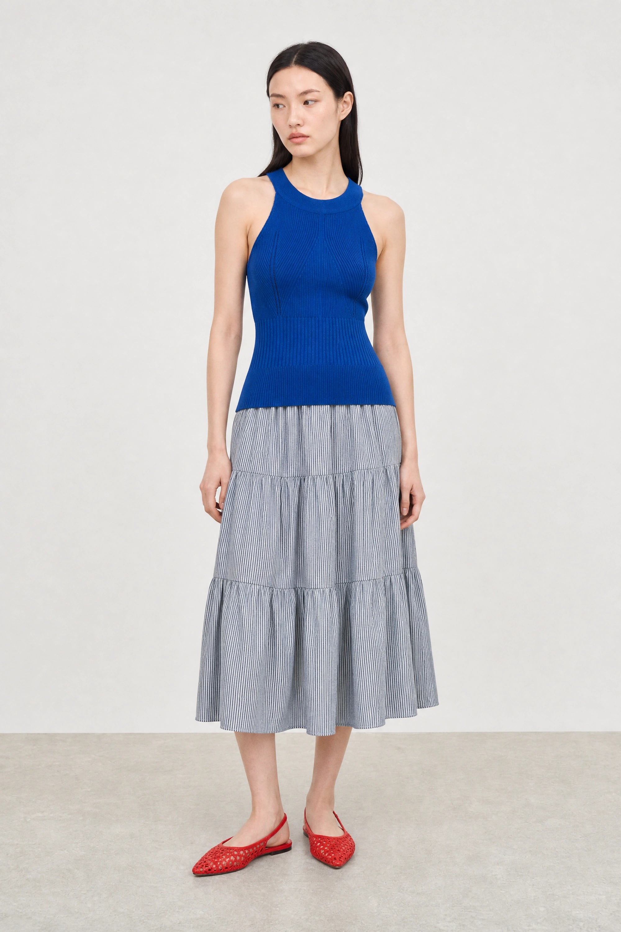 Charcoal grey seersucker tiered midi skirt_4