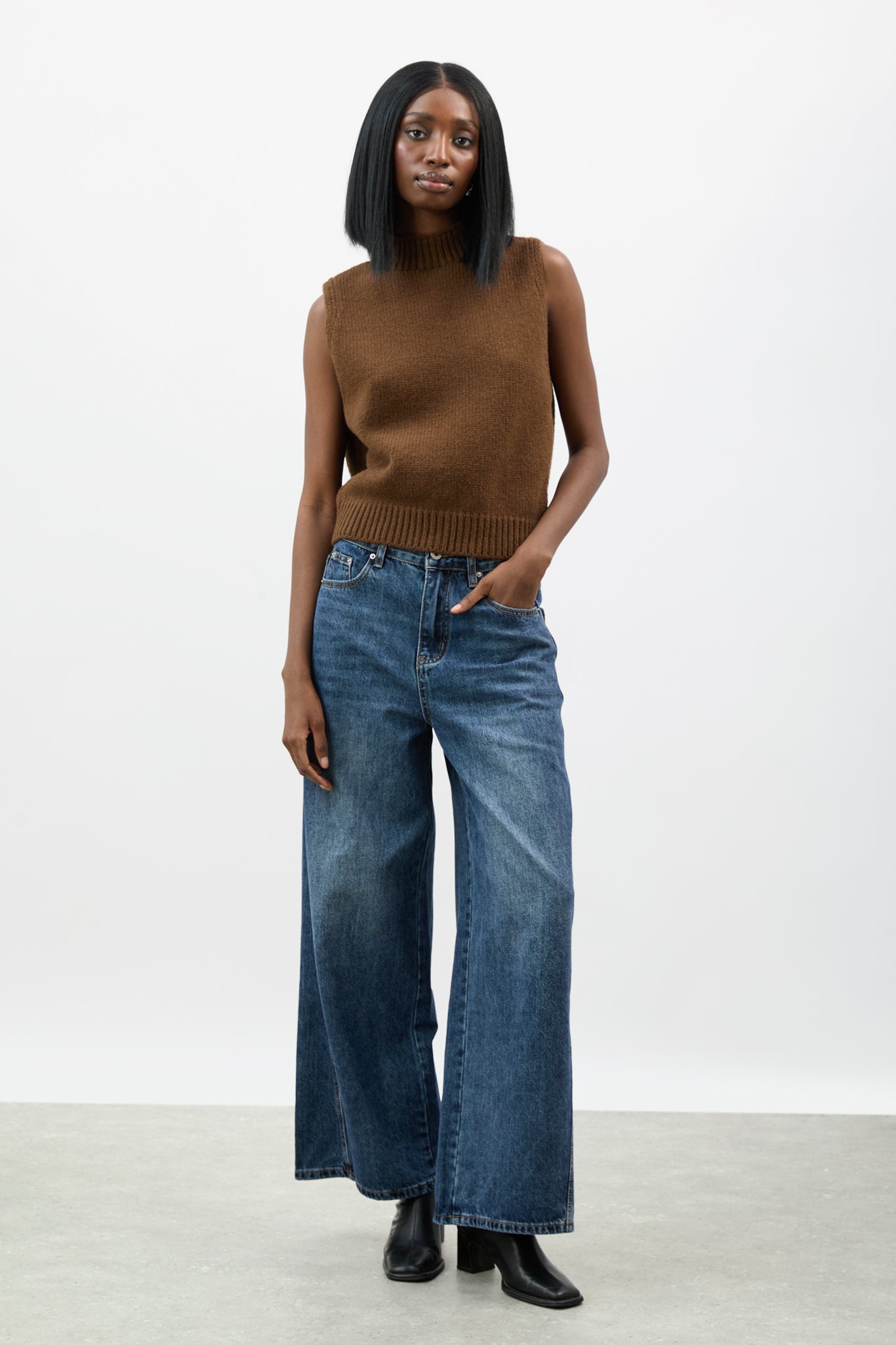 Brown mock neck open back knit vest_4