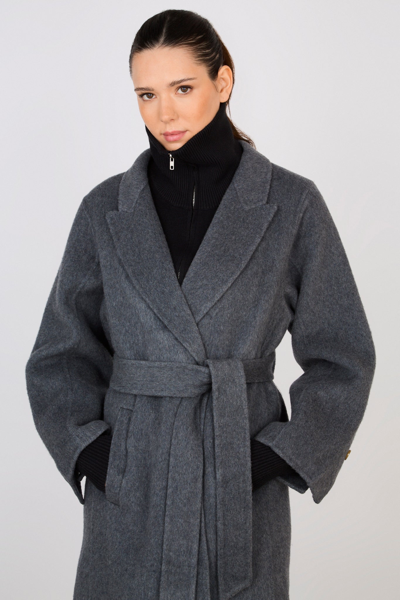 Charcoal grey wool blend double button belted coat