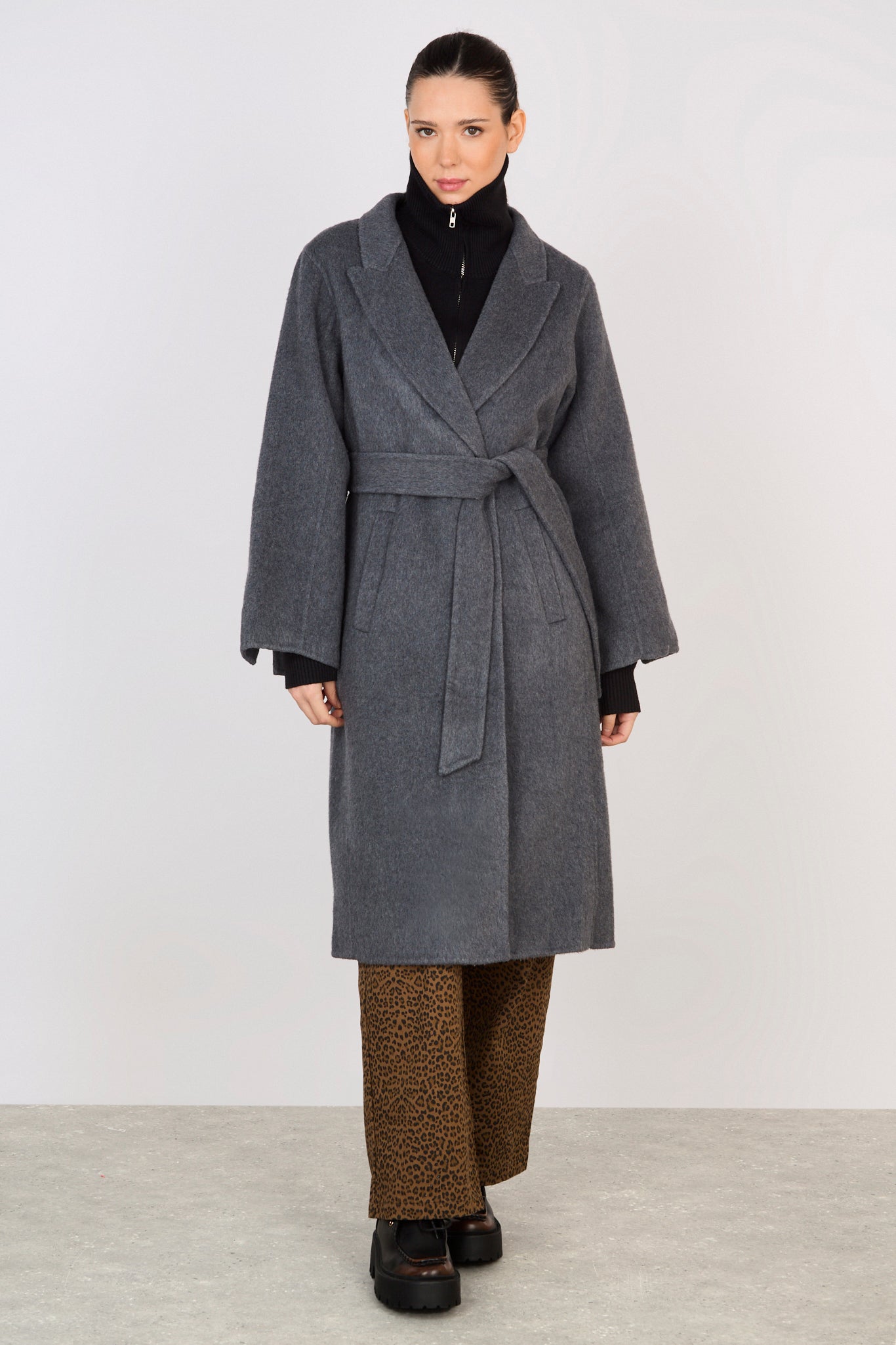 Charcoal grey wool blend double button belted coat