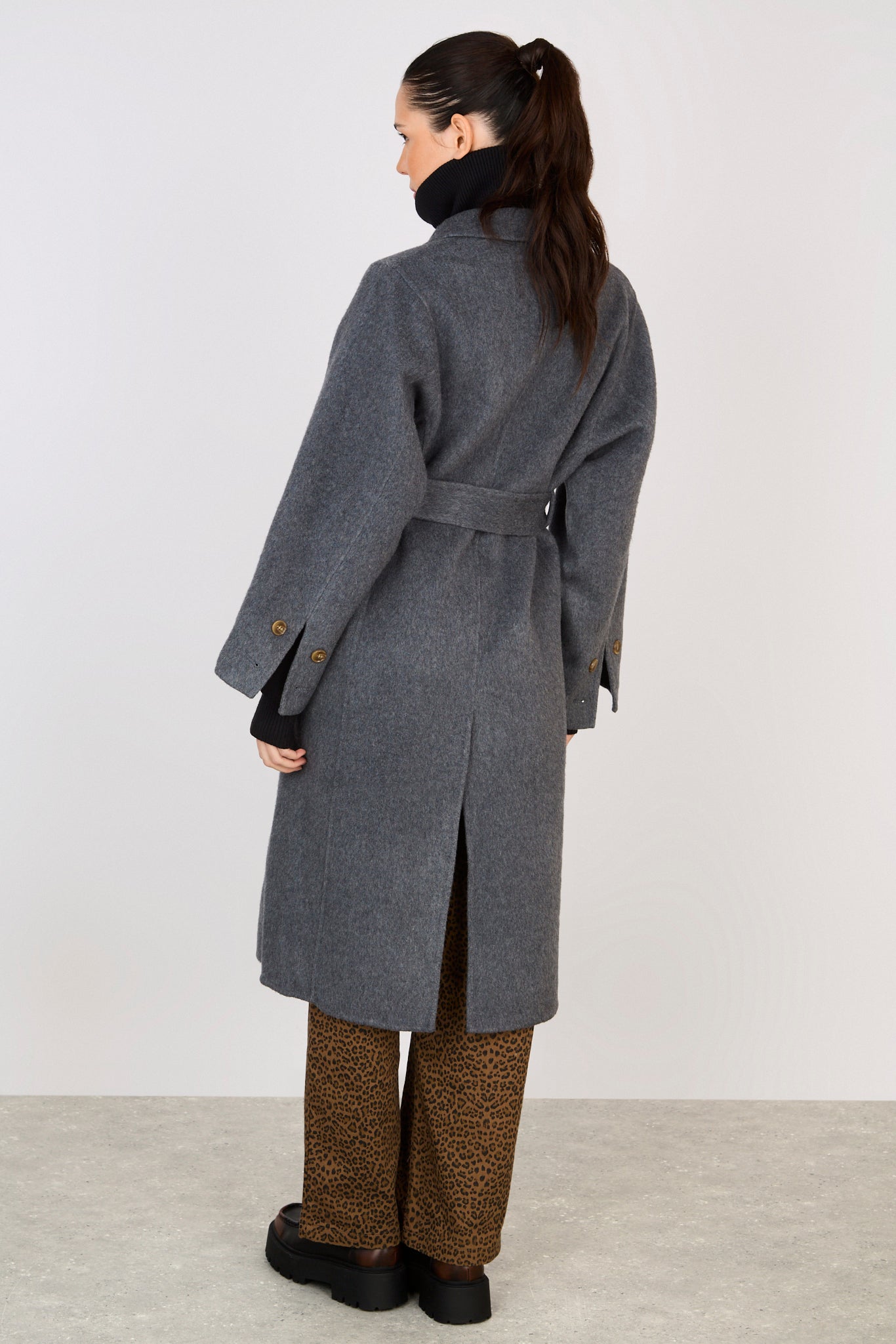 Charcoal grey wool blend double button belted coat