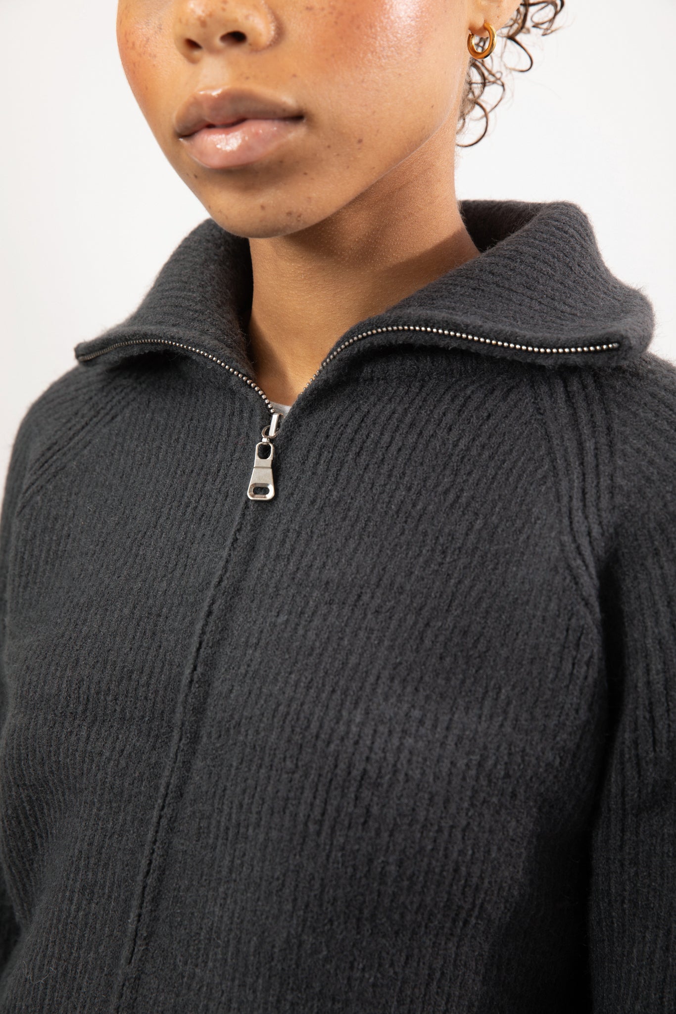 Charcoal grey wool blend ribbed wide collar cardigan_3