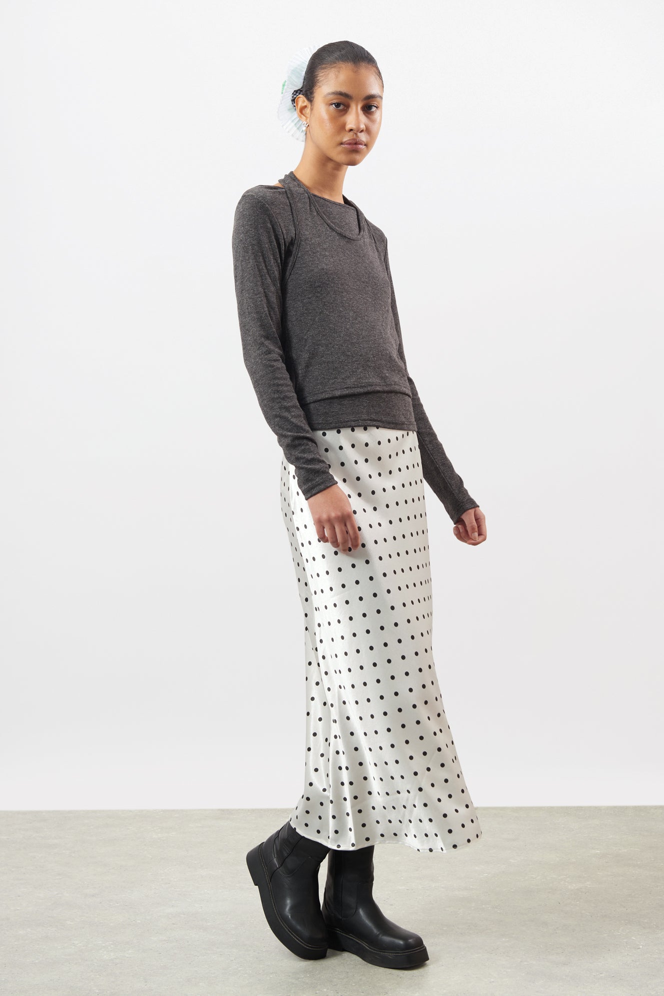 Charcoal marl layered halter neck long sleeve top_4