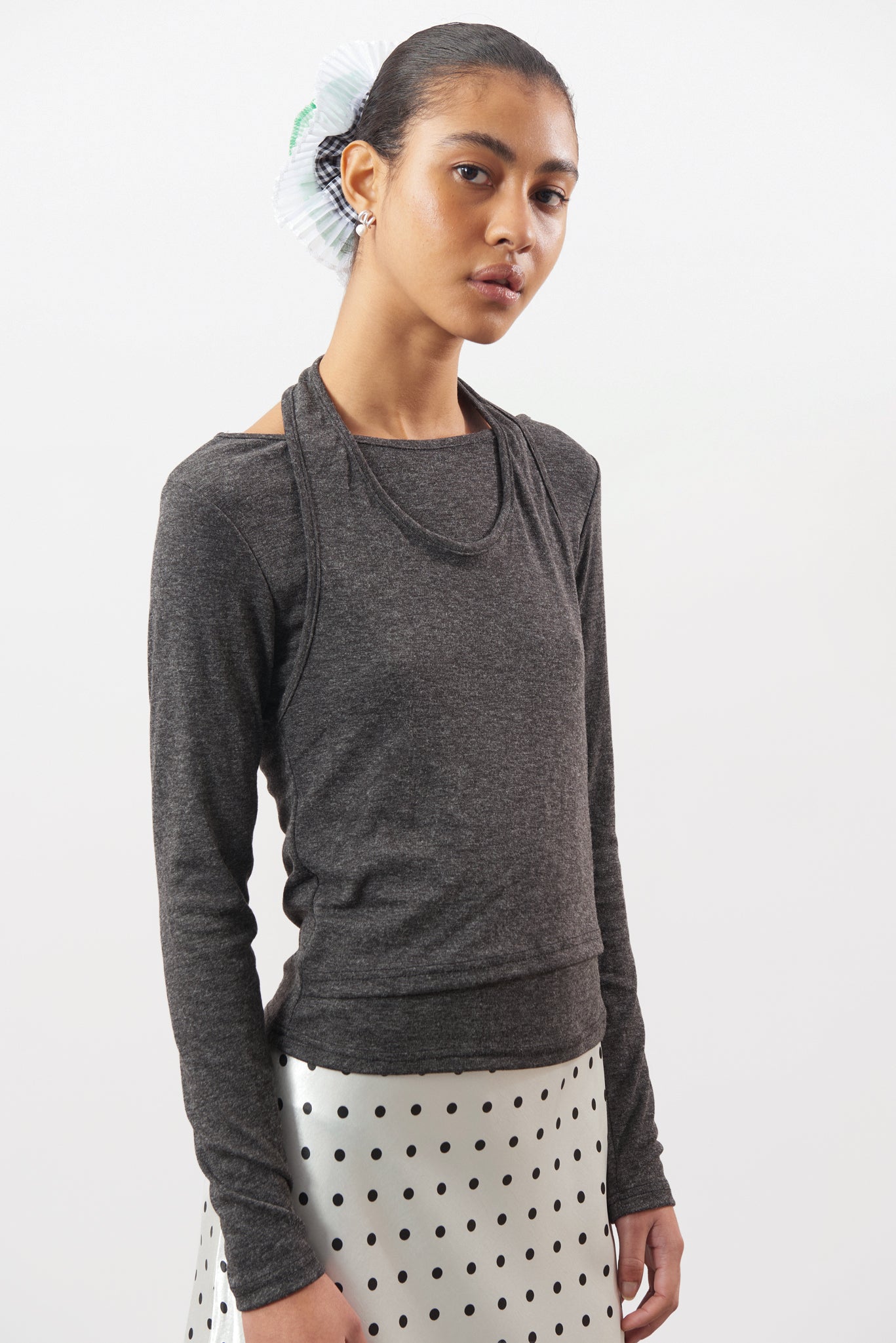 Charcoal marl layered halter neck long sleeve top_1