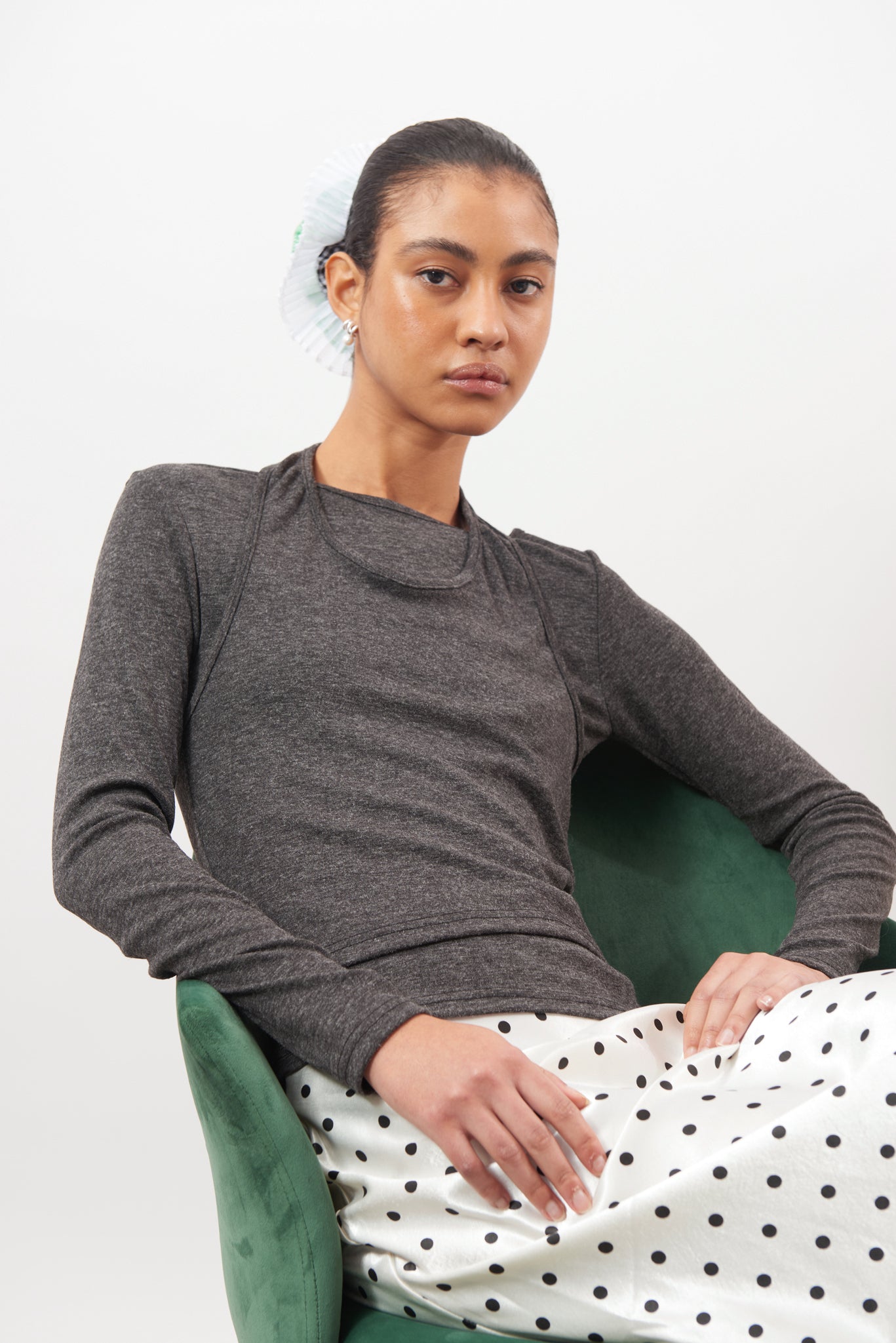 Charcoal marl layered halter neck long sleeve top_5