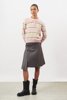 Charcoal pinstriped tie waist draped hem skirt_4