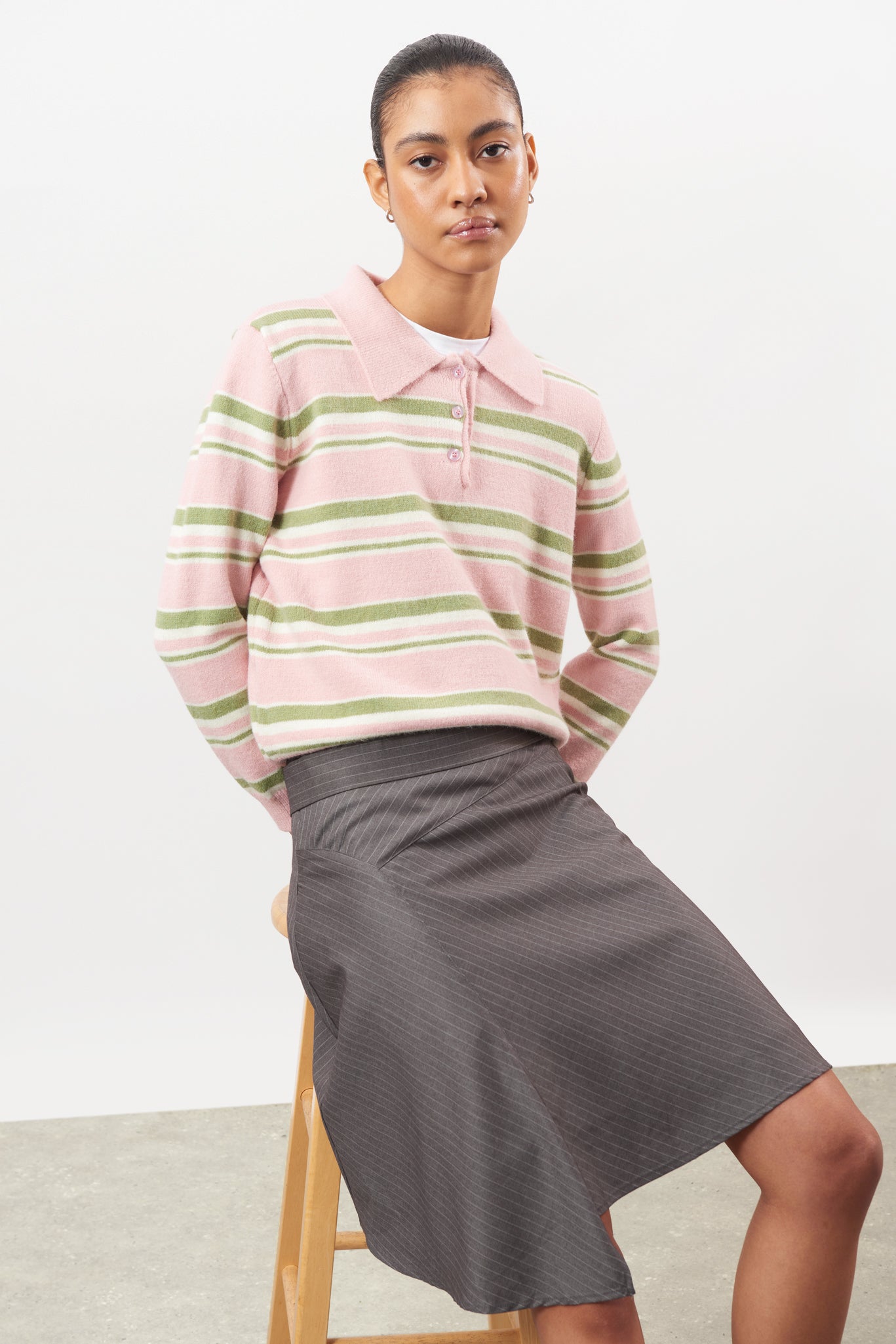 Charcoal pinstriped tie waist draped hem skirt_5