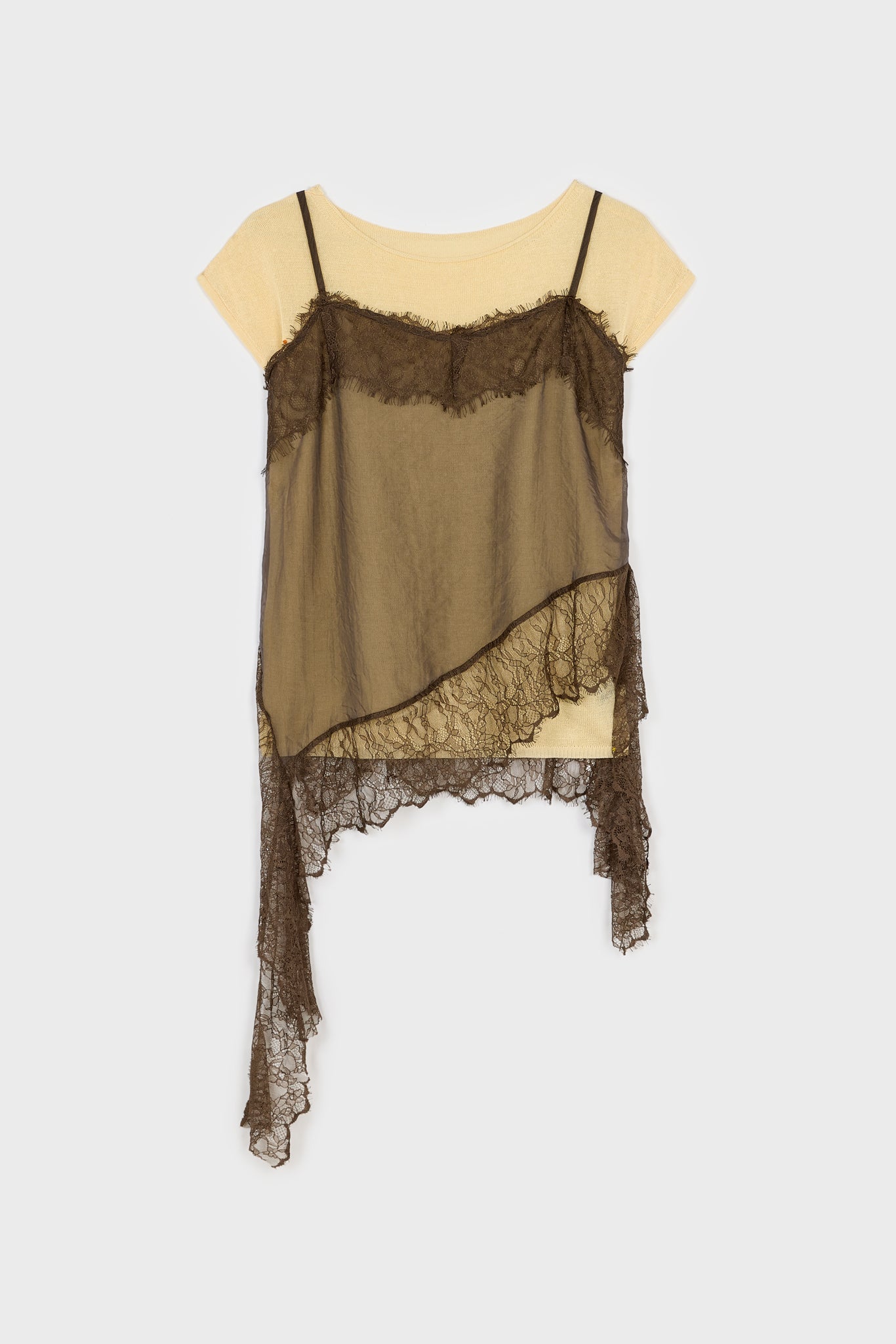 Chocolate brown lace trim tank layered yellow knit tee set_1