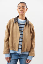 Chocolate brown suede vegan leather collar jacket_1