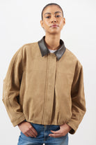 Chocolate brown suede vegan leather collar jacket_2