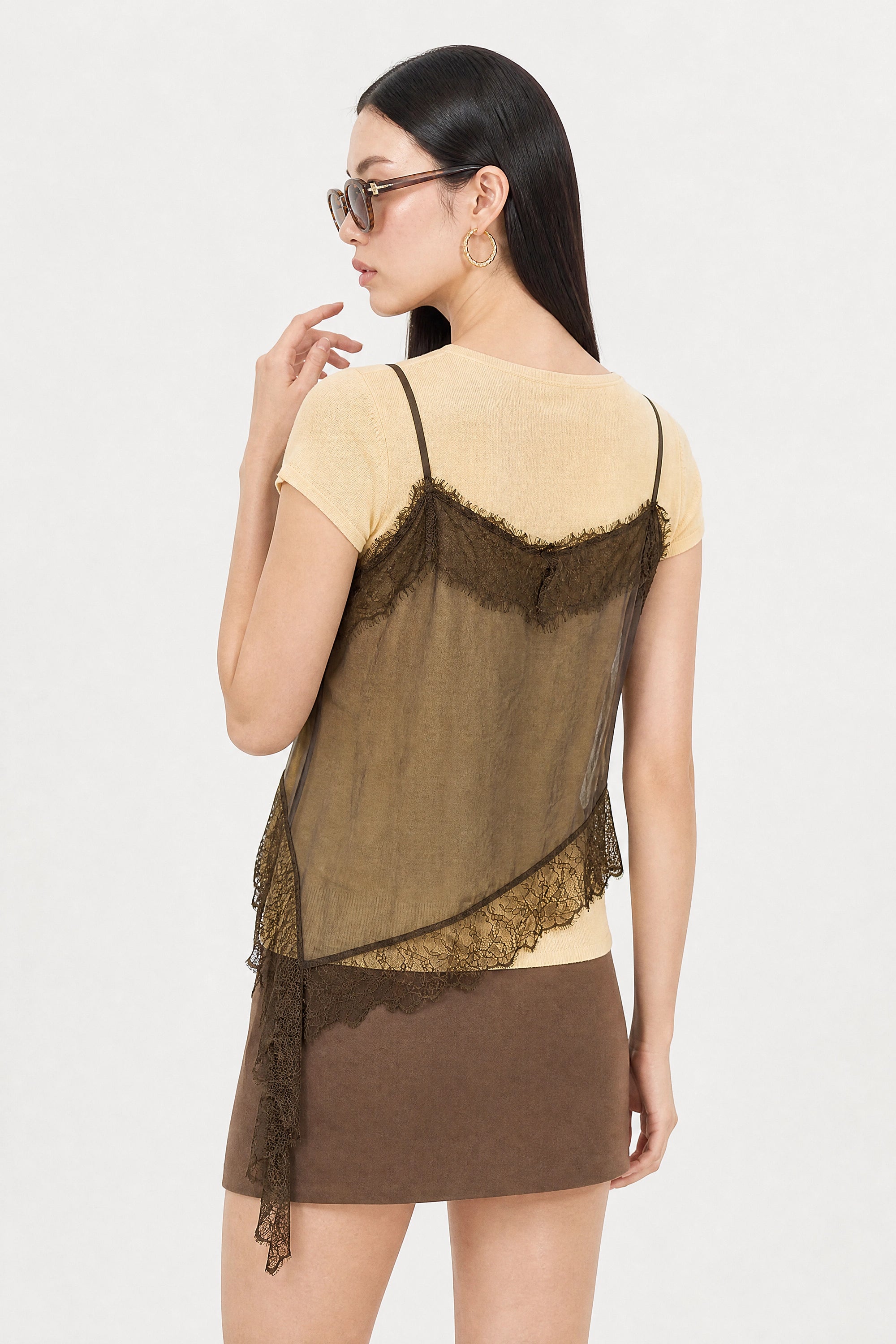 Chocolate brown lace trim tank layered yellow knit tee set_3