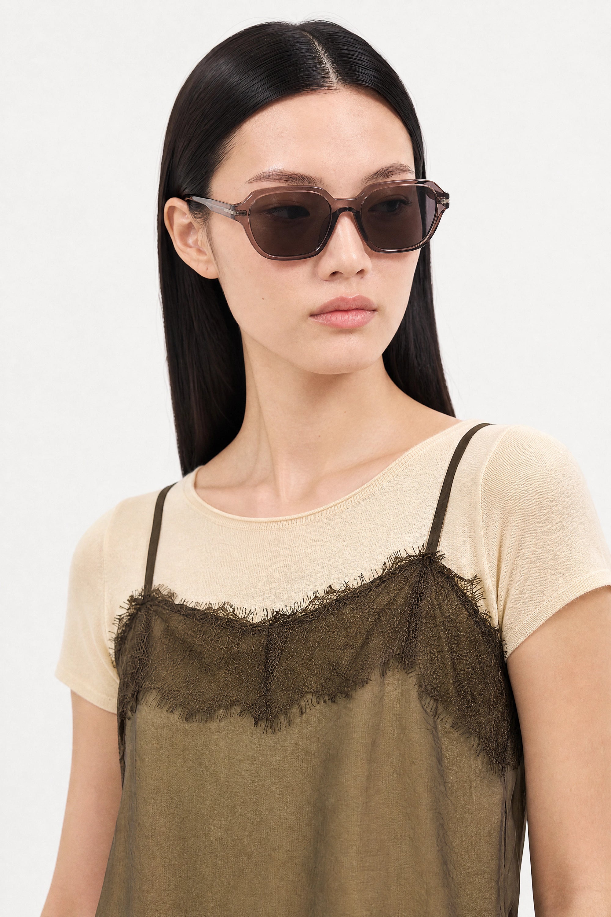 Chocolate brown lace trim tank layered yellow knit tee set_4