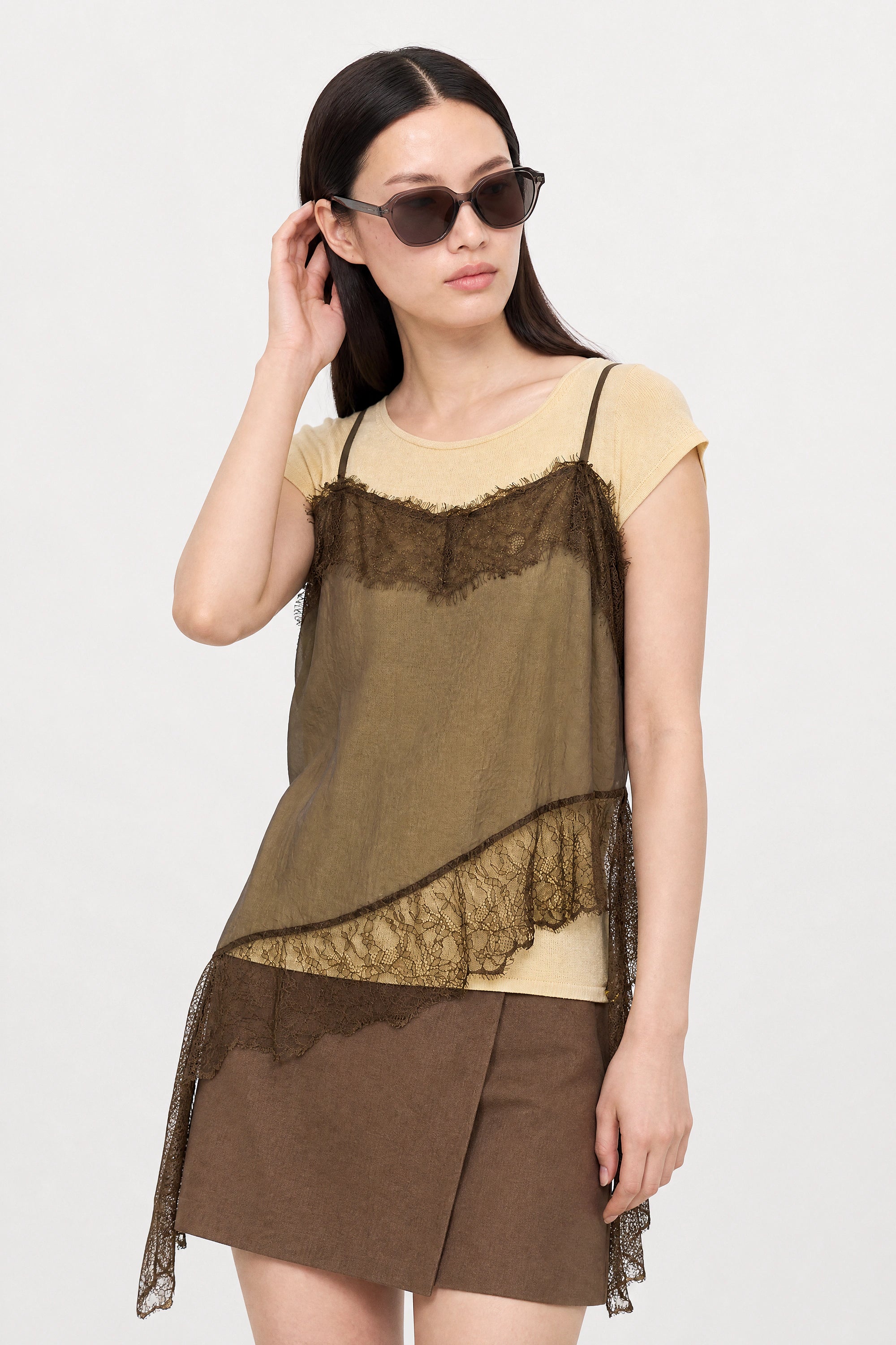 Chocolate brown lace trim tank layered yellow knit tee set_2