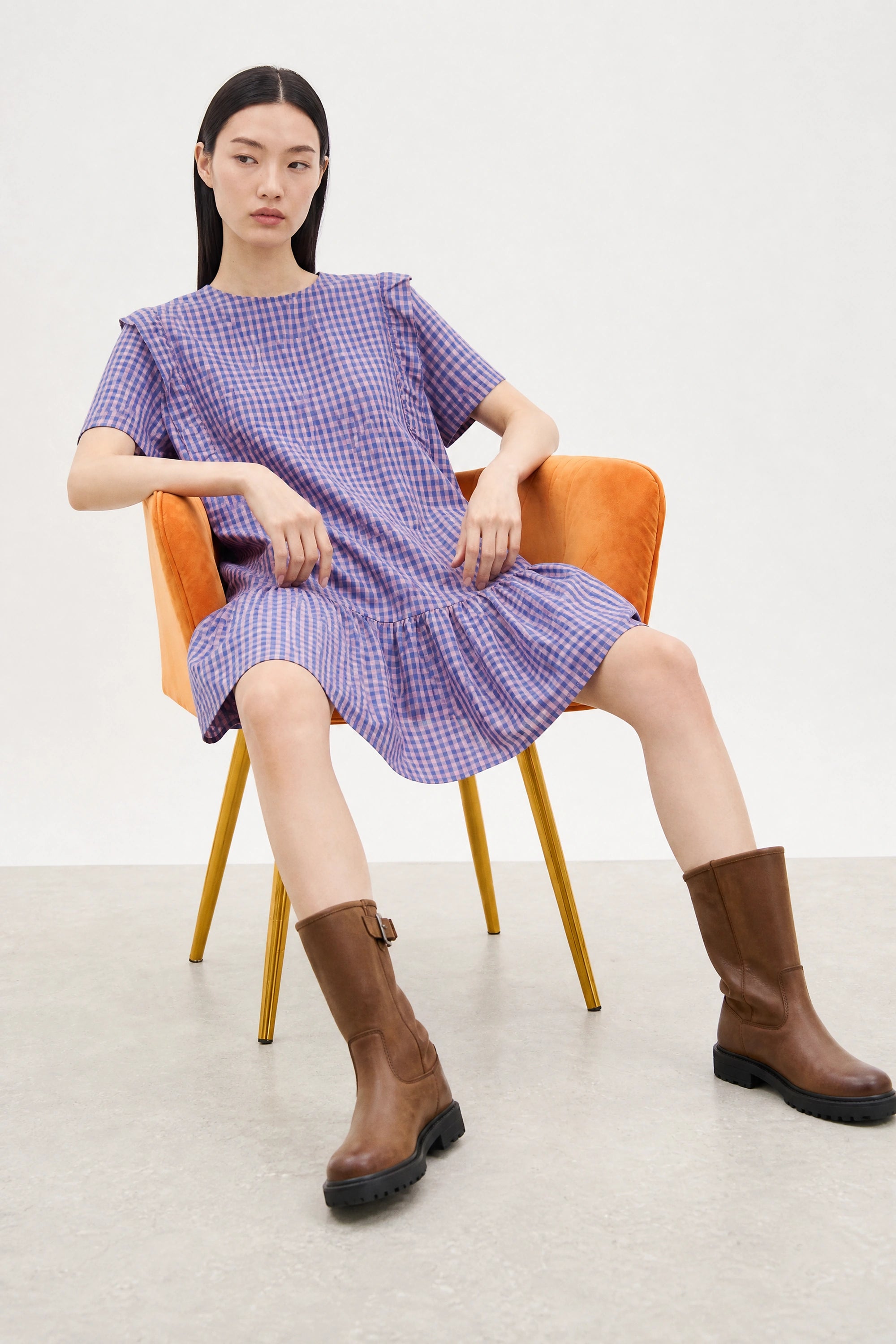 Cobalt blue and pink gingham ruffle trim dress_4