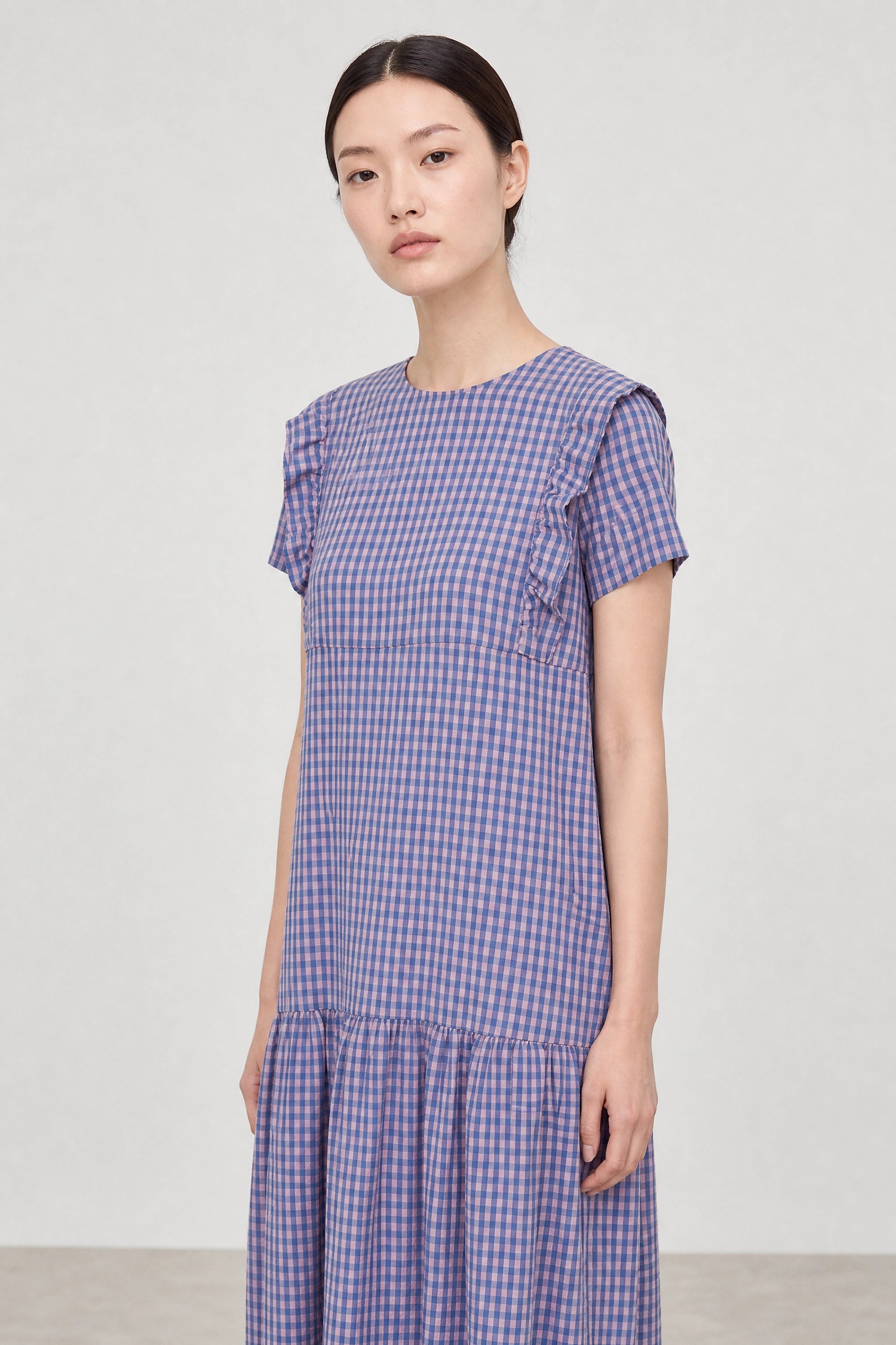 Cobalt blue and pink gingham ruffle trim dress_3
