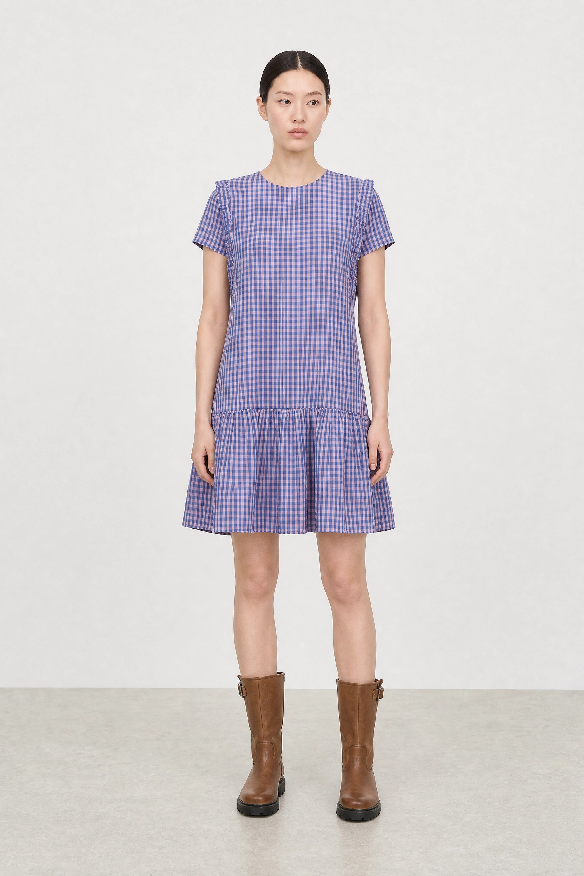 Cobalt blue and pink gingham ruffle trim dress_1