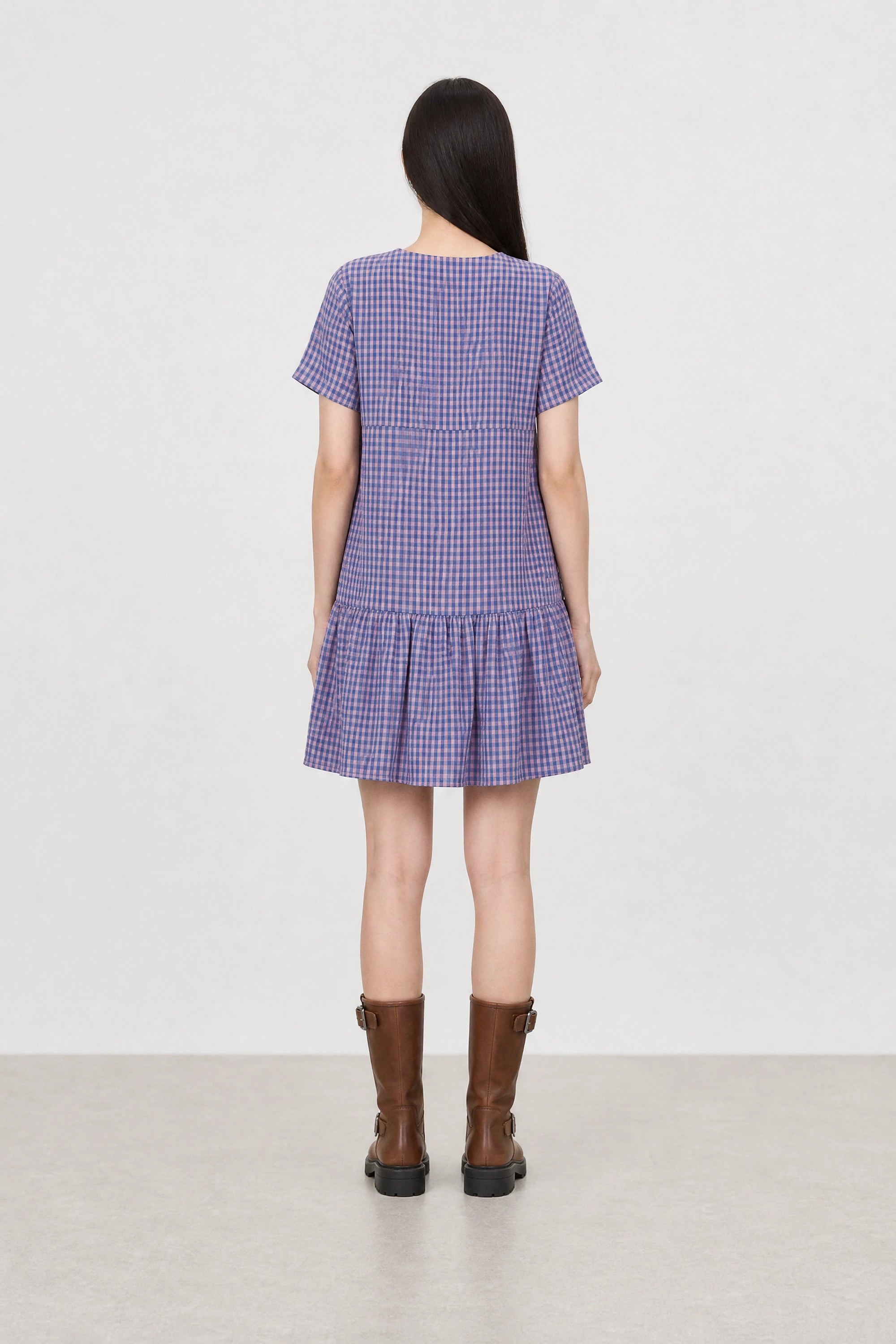 Cobalt blue and pink gingham ruffle trim dress_2