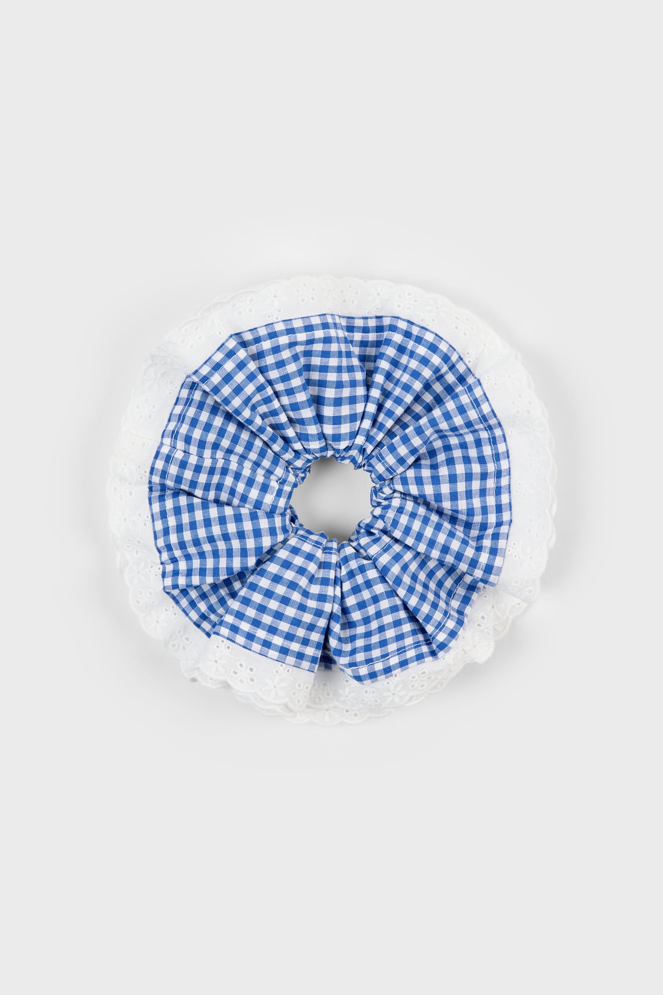 Cobalt blue gingham white eyelet trim scrunchie_1