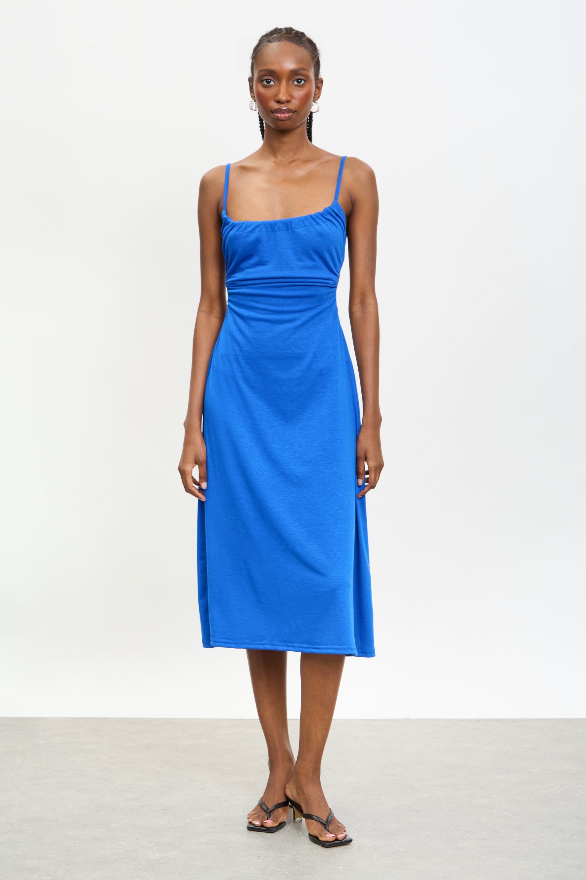 Cobalt blue ruched open back midi dress Glassworks London