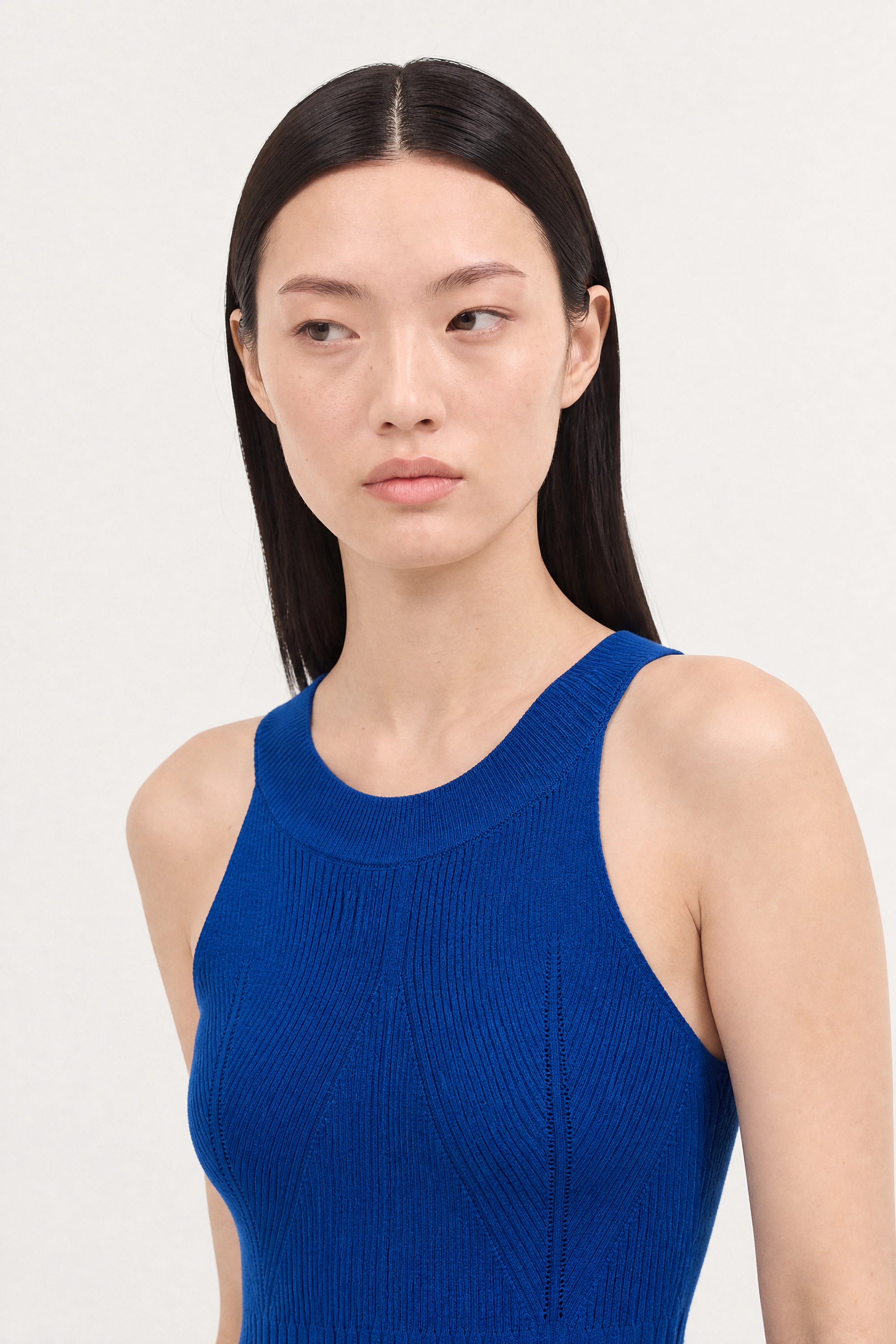 Cobalt blue thin ribbed halter neck knit tank_4