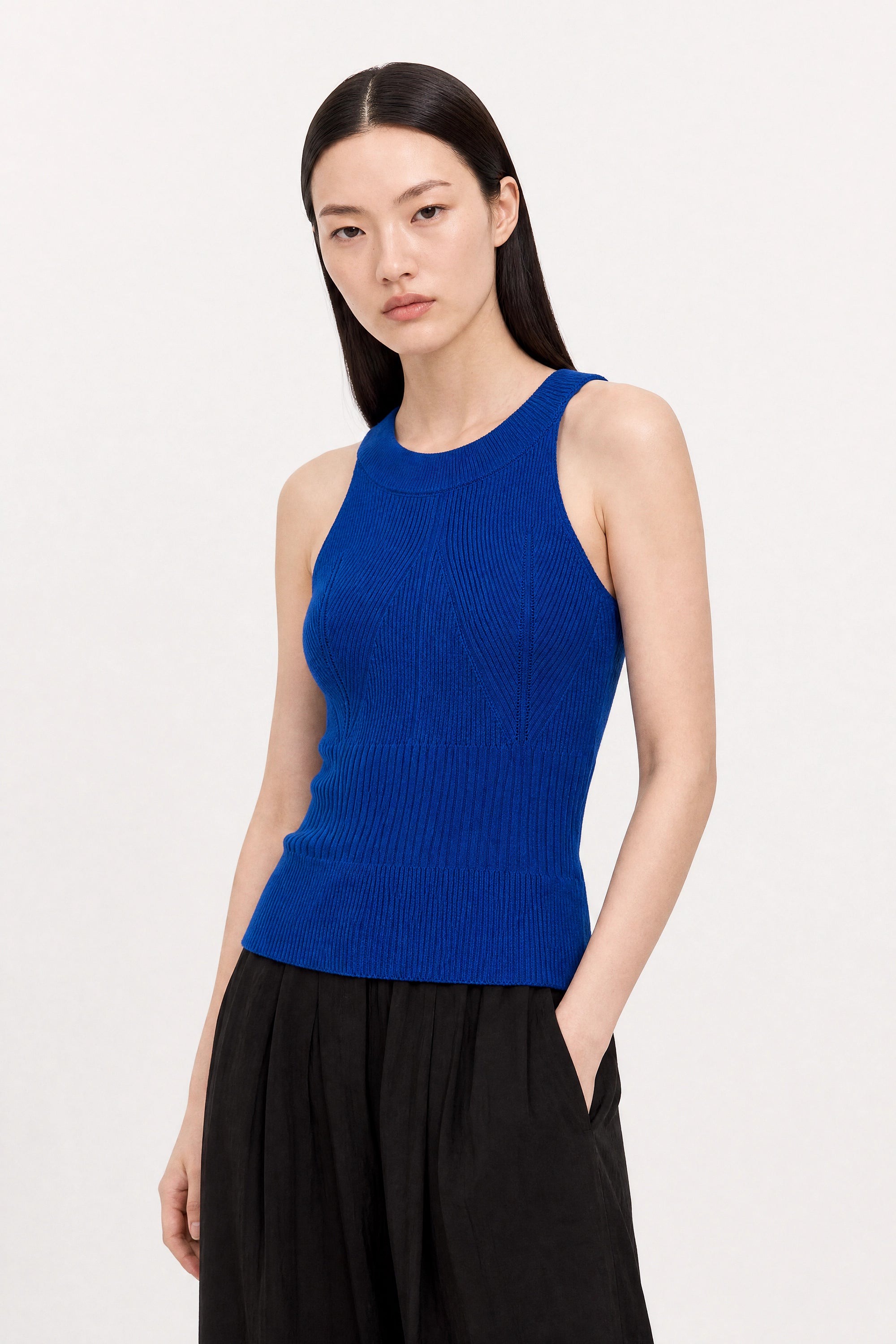 Cobalt blue thin ribbed halter neck knit tank_2