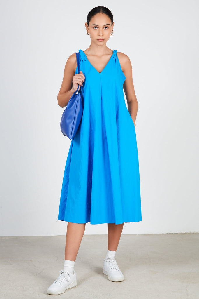 Cobalt blue knot shoulder dress_1