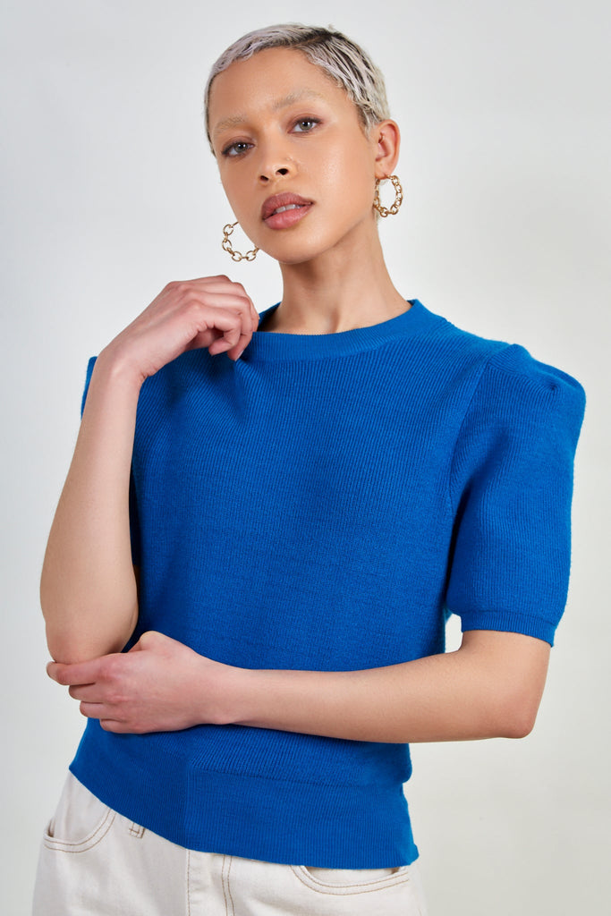 Cobalt blue short sleeved knit tee_1