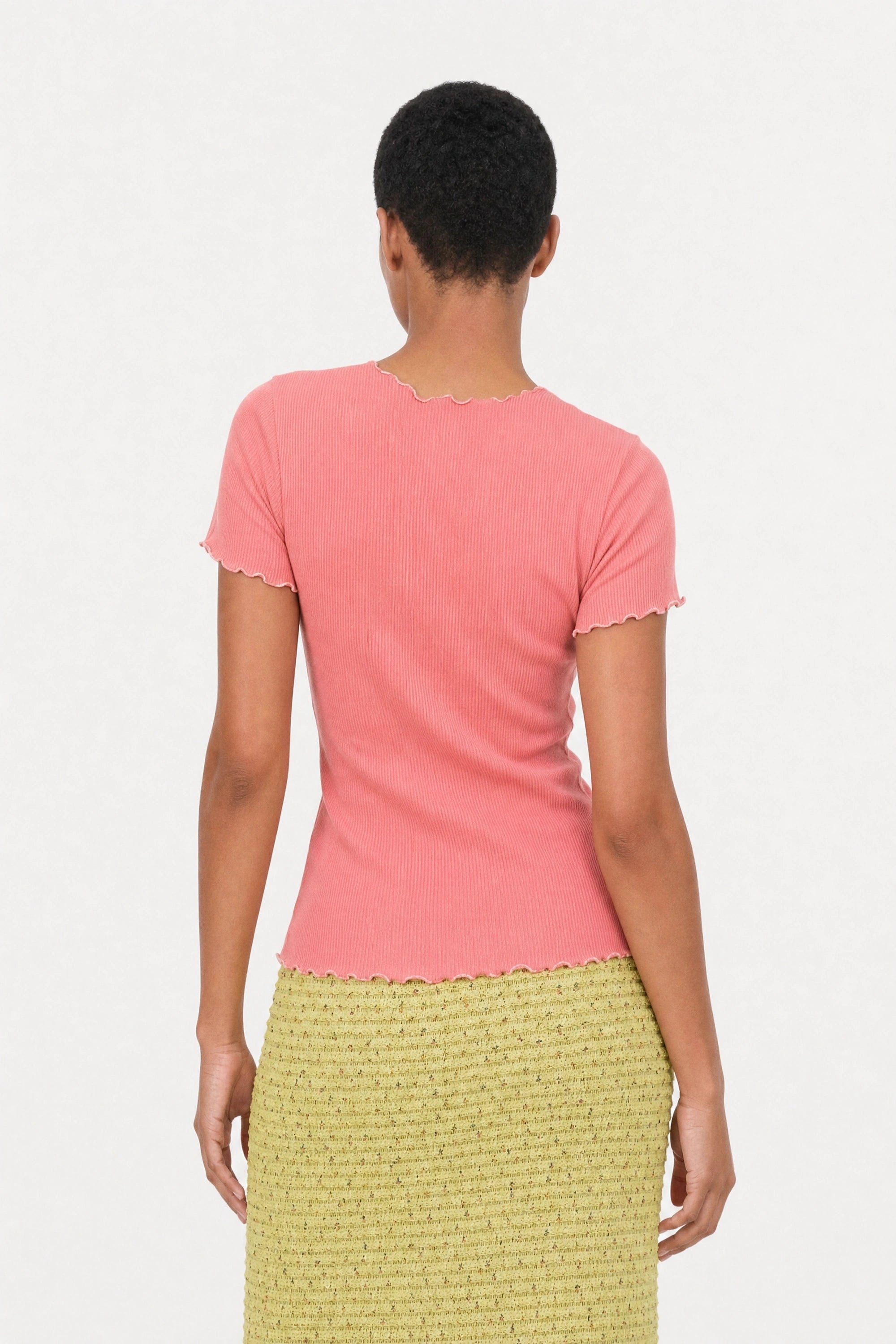Coral ribbed contrast trim double line tee_2