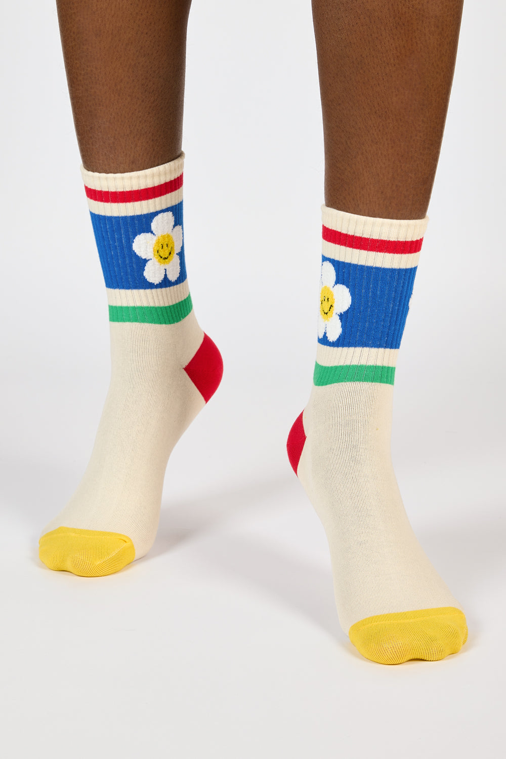 Cream blue red and green colourblock daisy socks_2