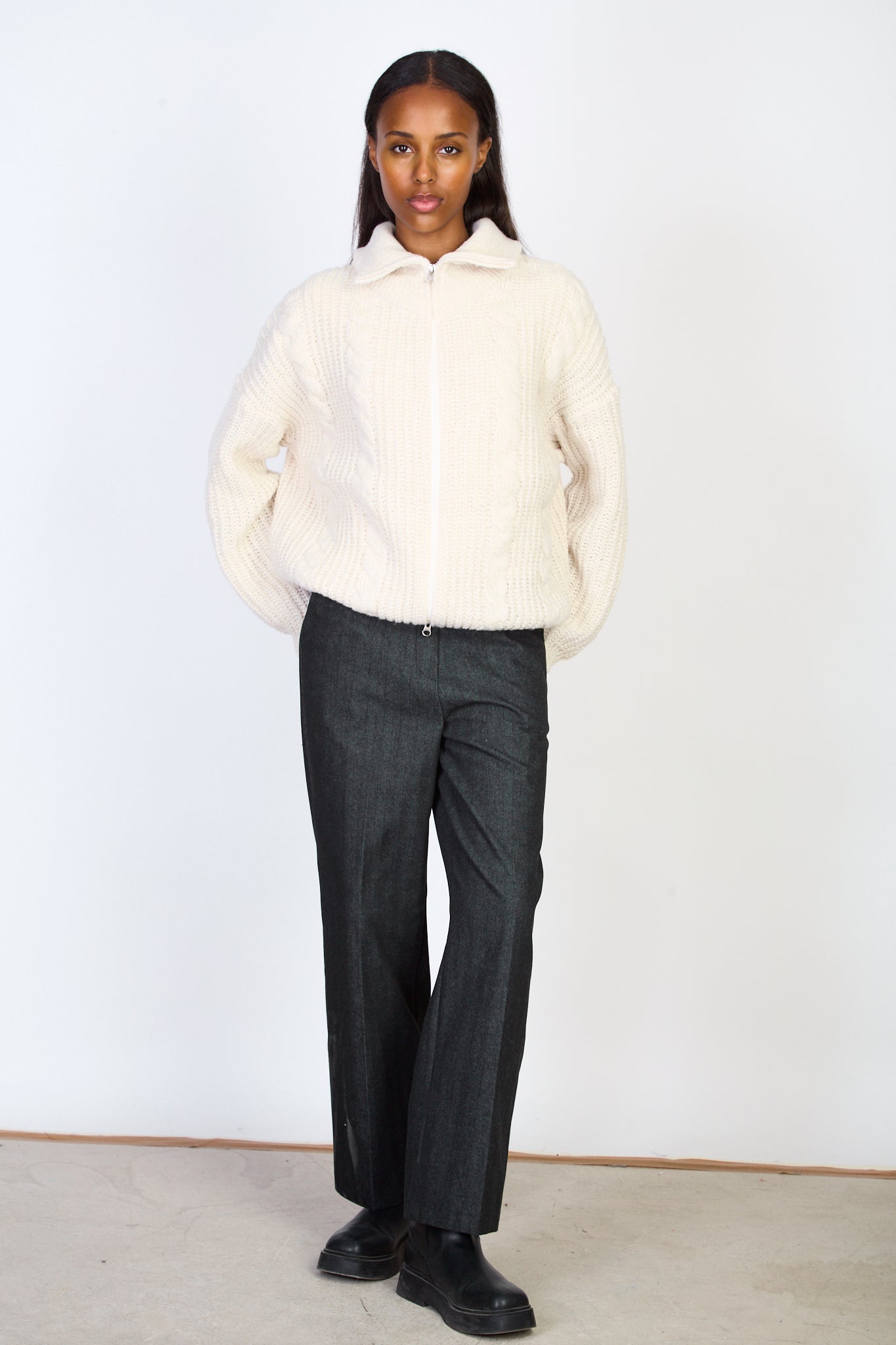 Cream cable knit relaxed fit zip cardigan_4