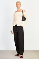 Cream mix rib strapped off shoulder knit top_4