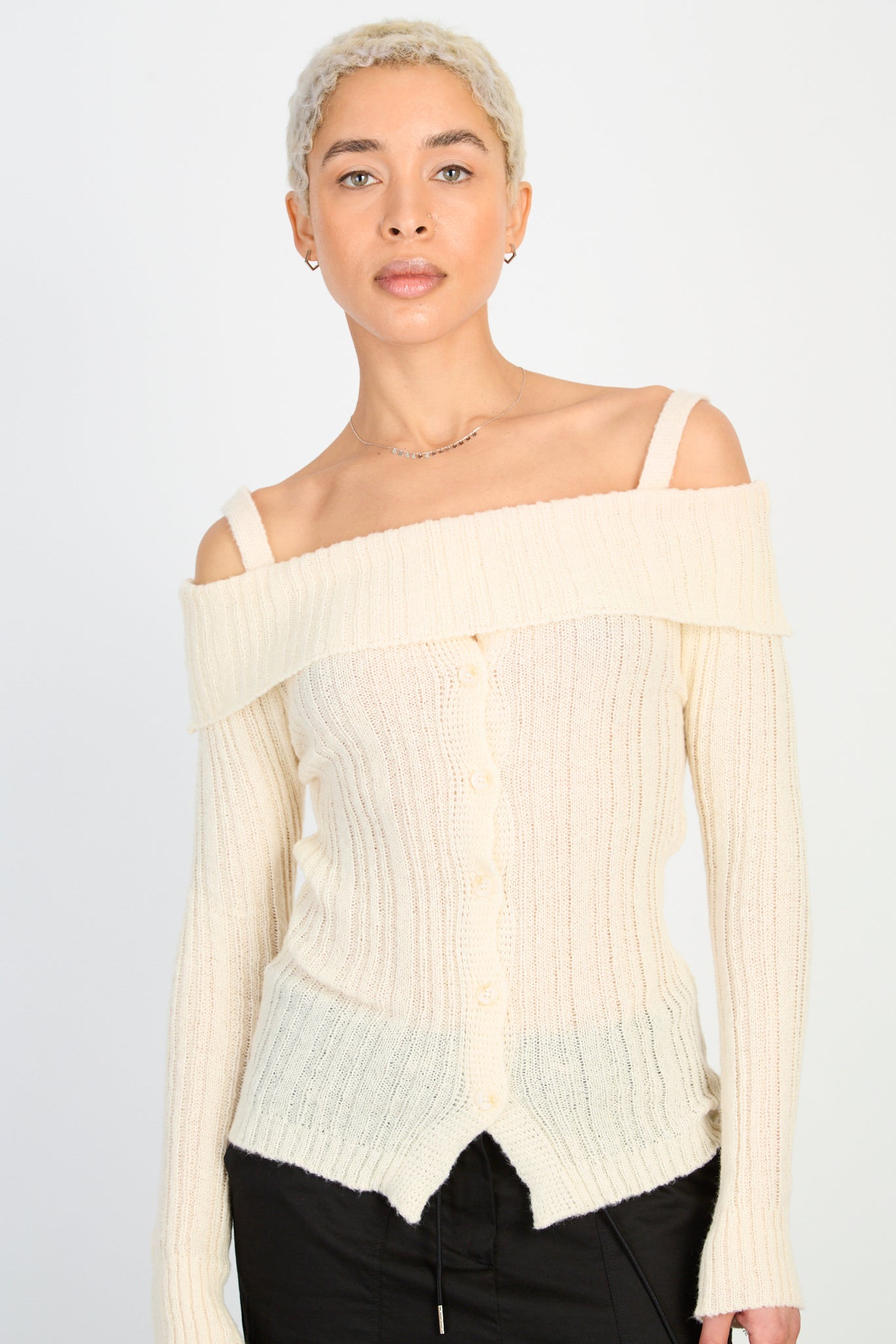 Cream mix rib strapped off shoulder knit top