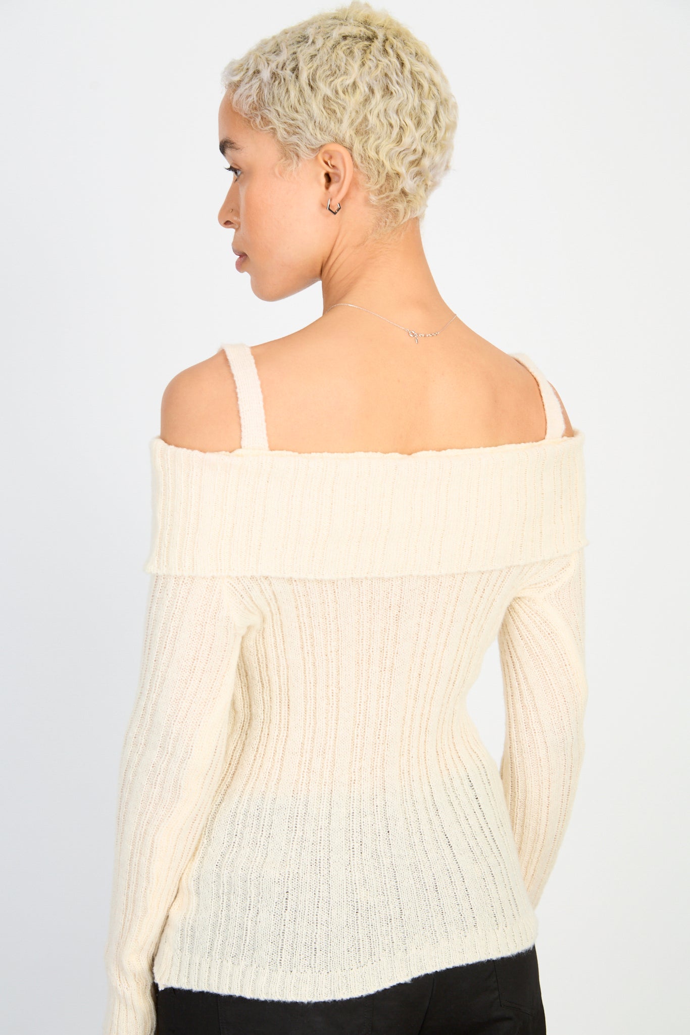 Cream mix rib strapped off shoulder knit top