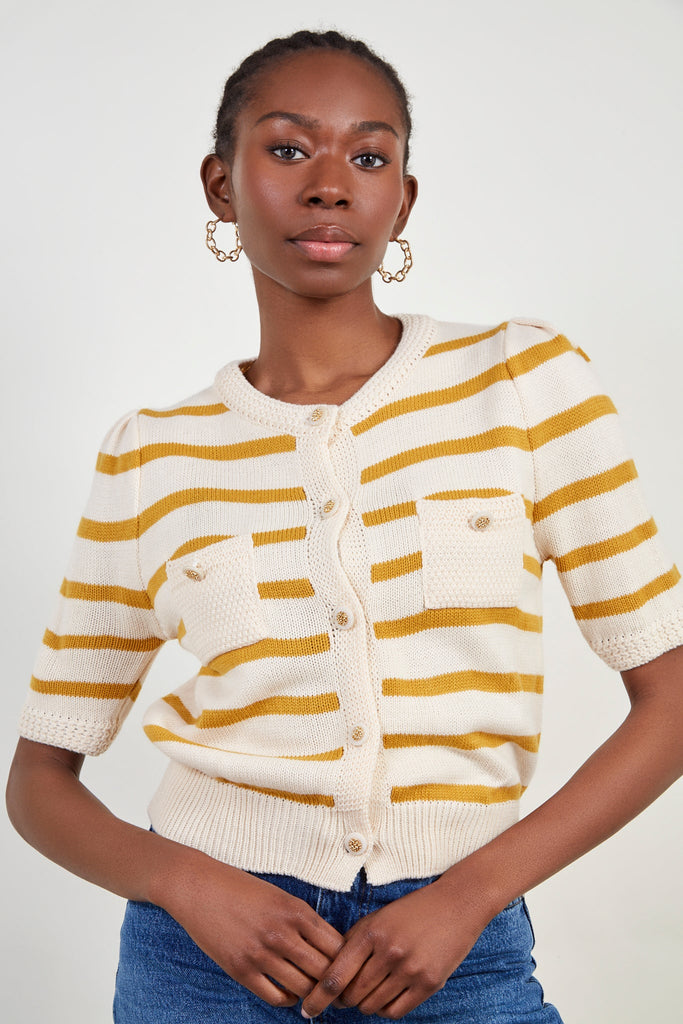 Cream and mustard striped short sleeved cardigan_1